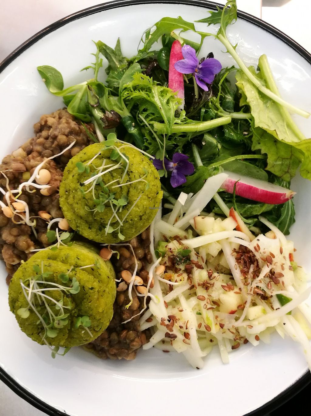 Linsengericht mit Kräuterknödeln, Salat und essbaren Blüten
